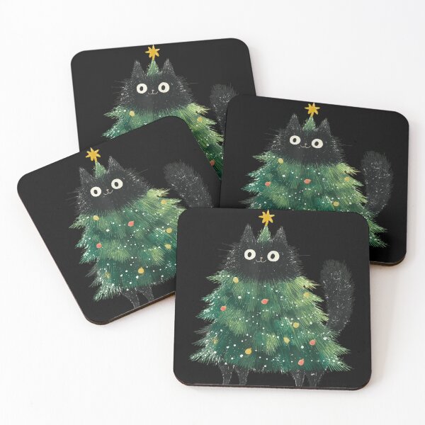 Item preview, Fluffy Black Cat Dressed as a Decorated Christmas Tree Illustration designed and sold by Taniyah Gomes.