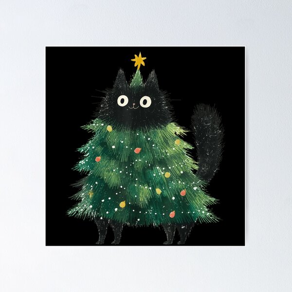 Aperçu de l'œuvre Illustration d'un chat noir duveteux déguisé en sapin de Noël décoré créée et vendue par Taniyah Gomes.