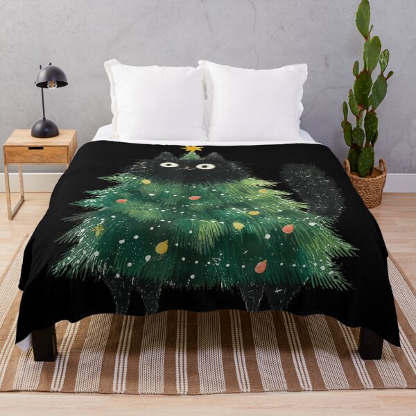 Item preview, Fluffy Black Cat Dressed as a Decorated Christmas Tree Illustration designed and sold by Taniyah Gomes.