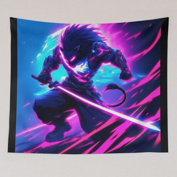 Item preview, Retro Neon Black Lion with Glowing Katana designed and sold by SweetRossel.