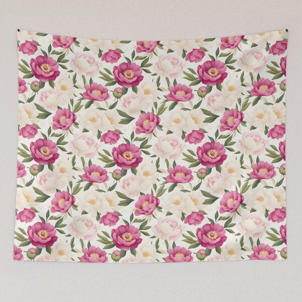 Item preview, The image showcases a seamless pattern of stylized pink and white peonies, interspersed with green leaves, set against a soft, slightly textured white background, creating a vibrant floral design. . designed and sold by rujlaphusstudio.