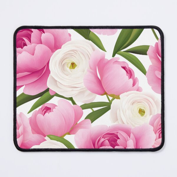 Item preview, The image showcases a beautiful floral pattern with lush pink peonies and elegant white ranunculus flowers, complemented by dark green leaves, all set against a white backdrop. designed and sold by rujlaphusstudio.