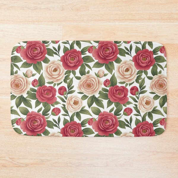 Item preview, The image shows a seamless floral pattern with red and blush roses, interspersed with green leaves and buds, against a clean white background. designed and sold by rujlaphusstudio.