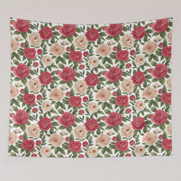 Item preview, The image shows a seamless floral pattern with red and blush roses, interspersed with green leaves and buds, against a clean white background. designed and sold by rujlaphusstudio.