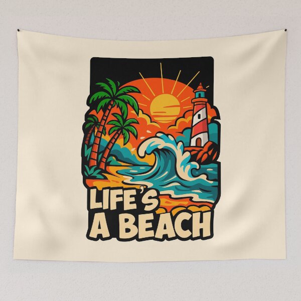 Item preview, Life’s a Beach Retro Design with waves and lighthouse. designed and sold by Stef Ringoot, cartoons and illustrations.