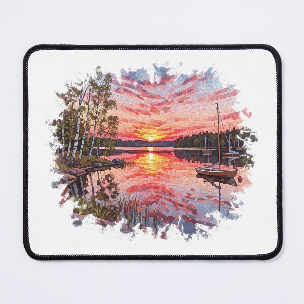 Item preview, Sunset Lake With Boats and Birches designed and sold by SisuArt.