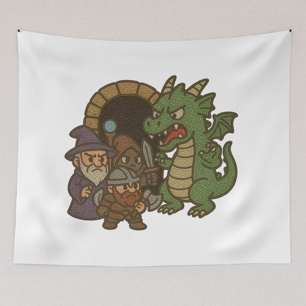 Item preview, Dragon vs Adventurers Embroidered Sticker | Cute Angry D&D Battle Scene designed and sold by Gurjeetpixelart.