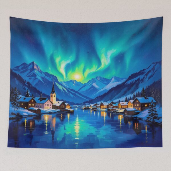 Item preview, Aurora Village Dreams – winter magic, glowing windows & poetic silence in snowy mountain light designed and sold by FotoworldEdel.