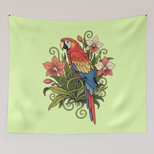 Item preview, Scarlet Macaw with Vintage Jungle Orchids designed and sold by BirdsnStuff.
