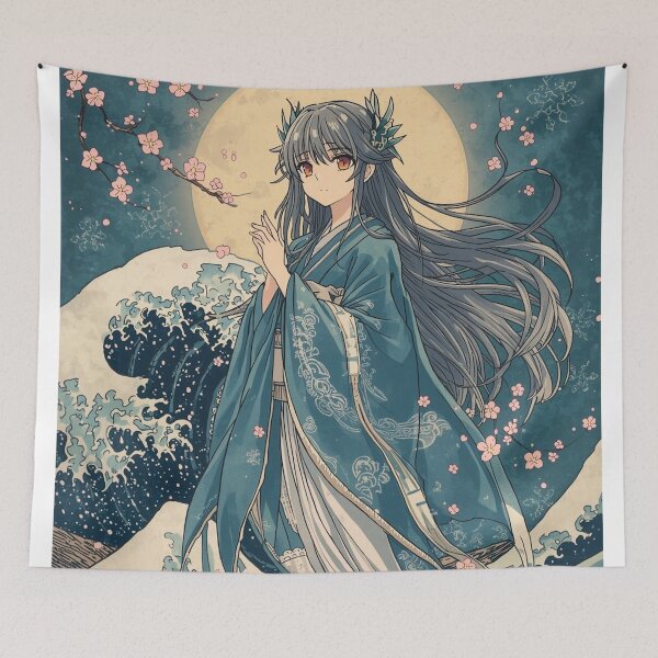 Item preview, Moonlit Tide Goddess – Anime Ukiyo-e Water Spirit & Cherry Blossoms designed and sold by Vandy Fullam.