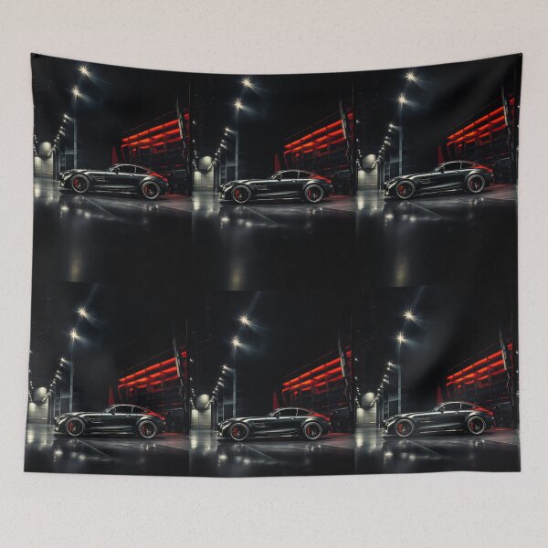 Item preview, Powerful sports car highlighted by red-lit futuristic architecture at night designed and sold by RevUpDesign.