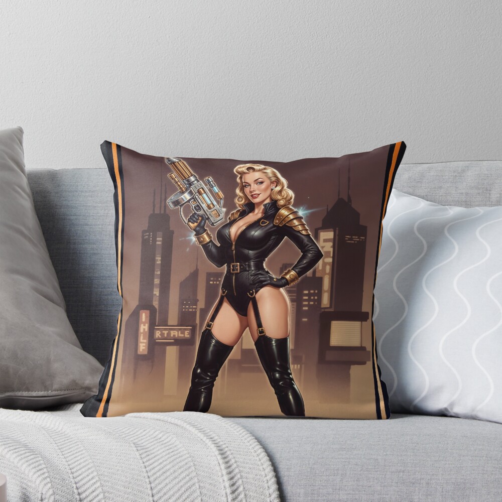 Fatale Pin-Up Valeria Caelum Retro-Futurism Portrait Alluring AI Concept Art by Xzendor7 Decorative Art Print Throw Pillow
