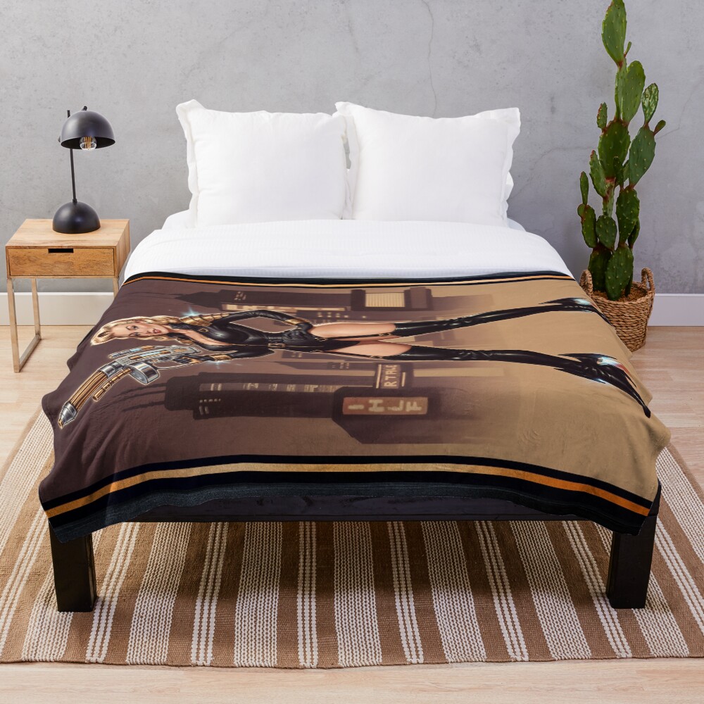 Fatale Pin-Up Valeria Caelum Retro-Futurism Portrait Alluring AI Concept Art by Xzendor7 Decorative Art Print Throw Blanket