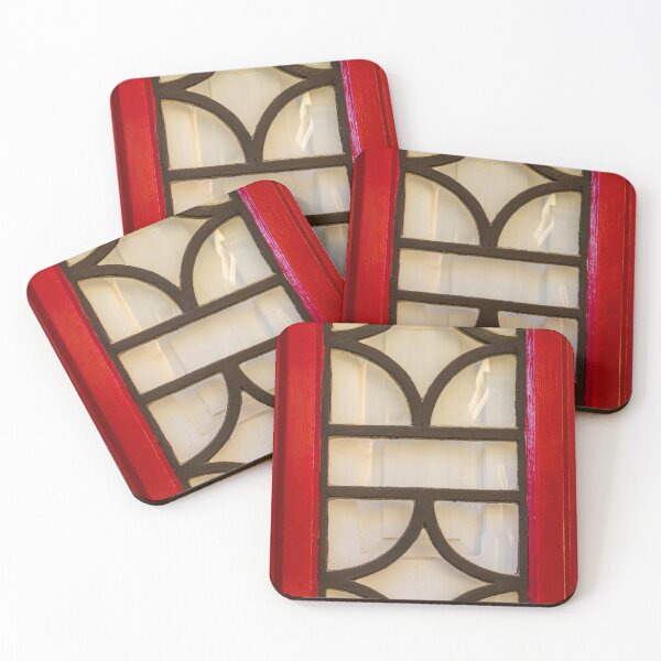 Item preview, Red Window With Black Iron Grille Featuring Curved Glass Panes and Ornate Pattern designed and sold by Nmallia.