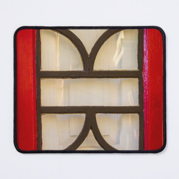 Item preview, Red Window With Black Iron Grille Featuring Curved Glass Panes and Ornate Pattern designed and sold by Nmallia.