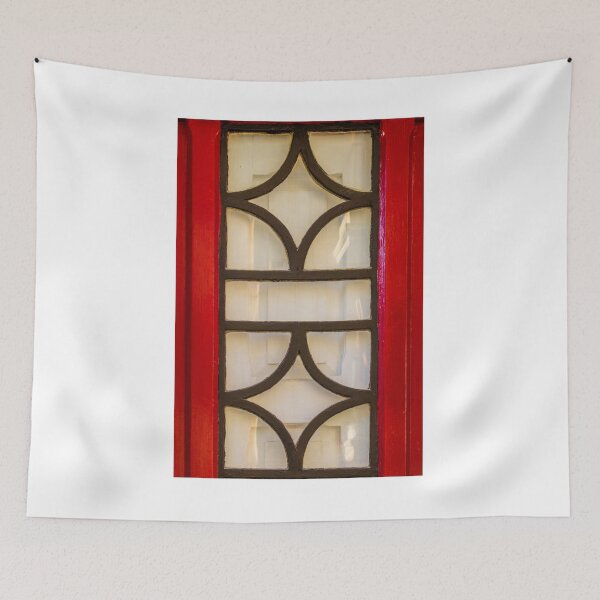 Item preview, Red Window With Black Iron Grille Featuring Curved Glass Panes and Ornate Pattern designed and sold by Nmallia.
