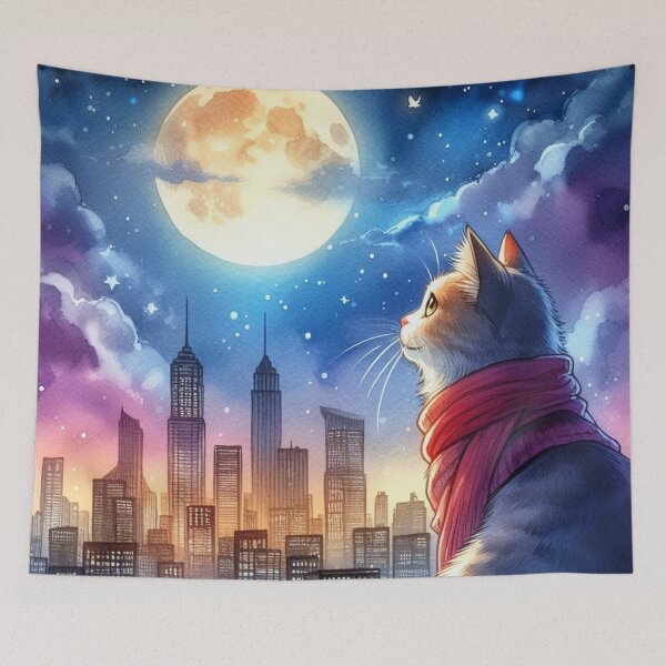 Item preview, Cat Looking At Moon Over City designed and sold by BigBlueArt.