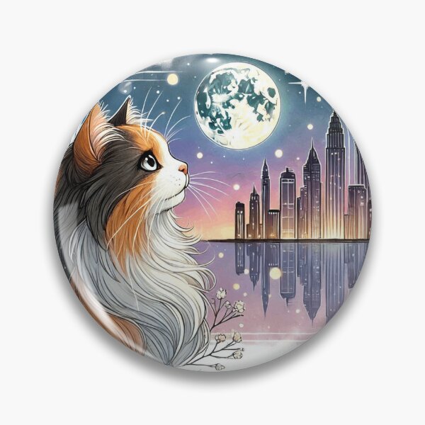 Item preview, Calico Cat Looking At Moon Cityscape Art designed and sold by BigBlueArt.
