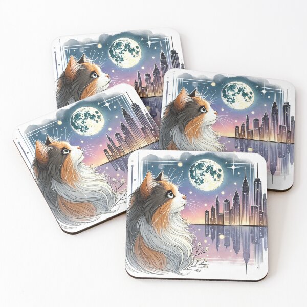 Item preview, Calico Cat Looking At Moon Cityscape Art designed and sold by BigBlueArt.