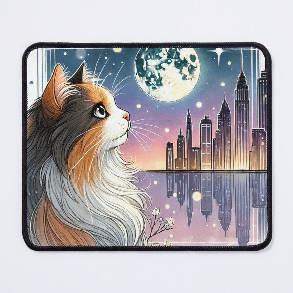 Item preview, Calico Cat Looking At Moon Cityscape Art designed and sold by BigBlueArt.