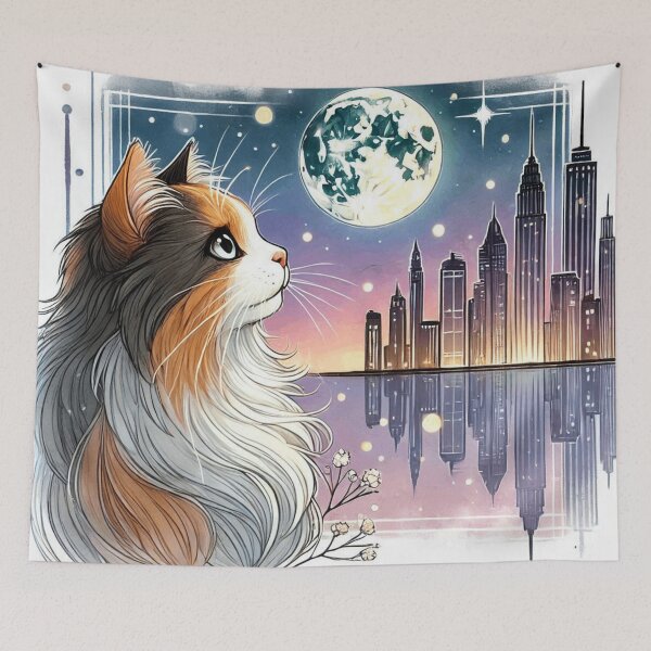 Item preview, Calico Cat Looking At Moon Cityscape Art designed and sold by BigBlueArt.