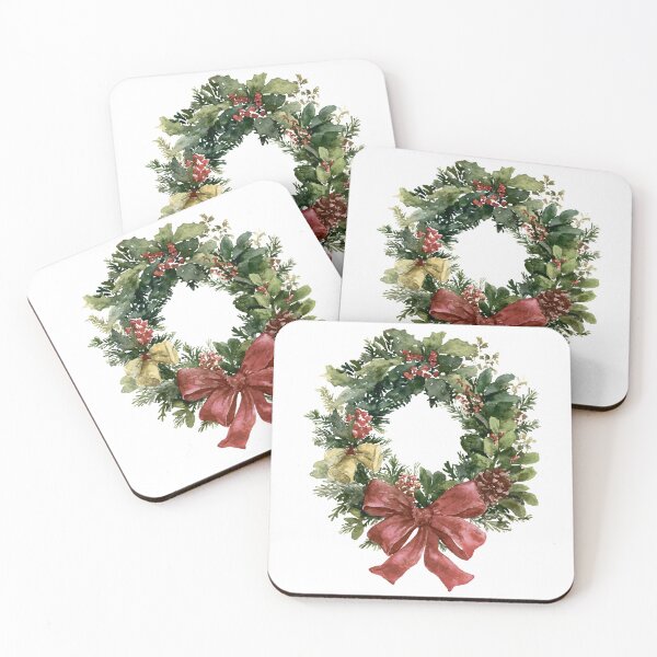 Item preview, Classic Watercolor Christmas Wreath with Red Bow and Holly Berries designed and sold by Moss and Moon Studio.