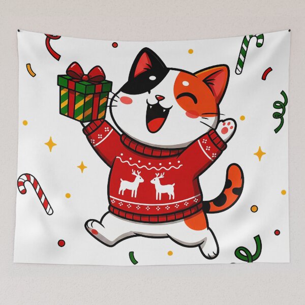 Item preview, Calico Cat Jumping with Gift – Festive Christmas Sweater Celebration Design designed and sold by meesub.