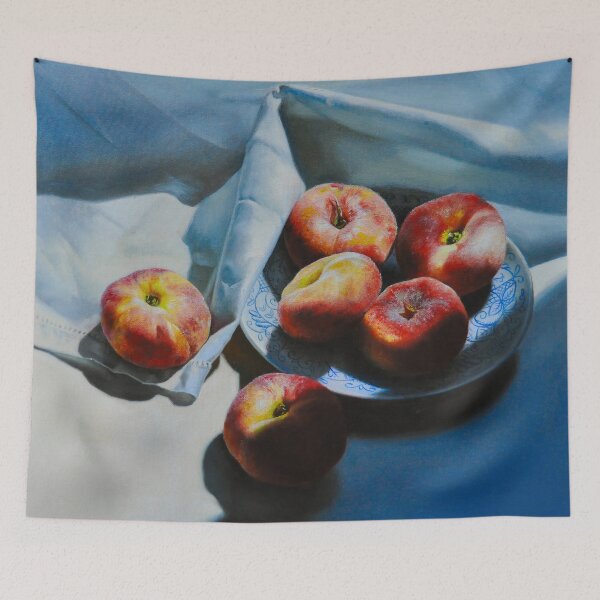 Item preview, Peaches on White Cloth Contemporary Hyperrealism designed and sold by LukianArtPrint.