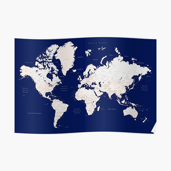 Navy blue and light brown detailed world map "Gavin" Poster