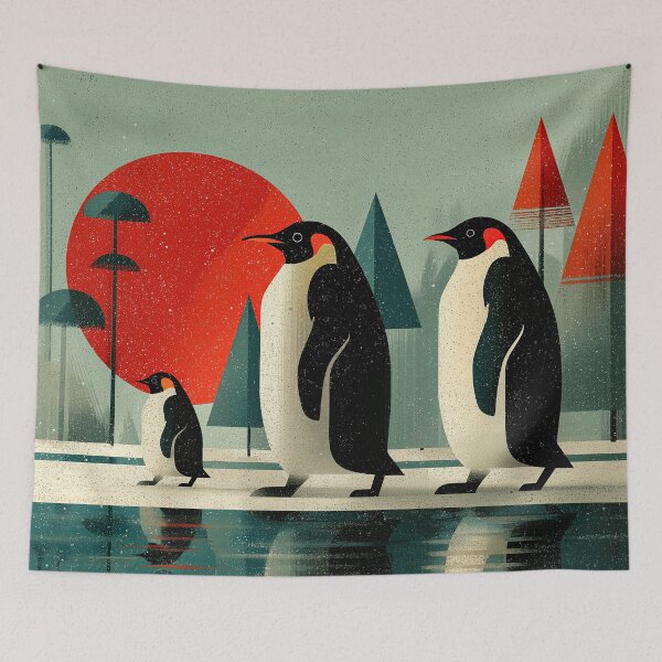 Item preview, Retro Penguin Family in Surreal Forest designed and sold by mossysparkles.