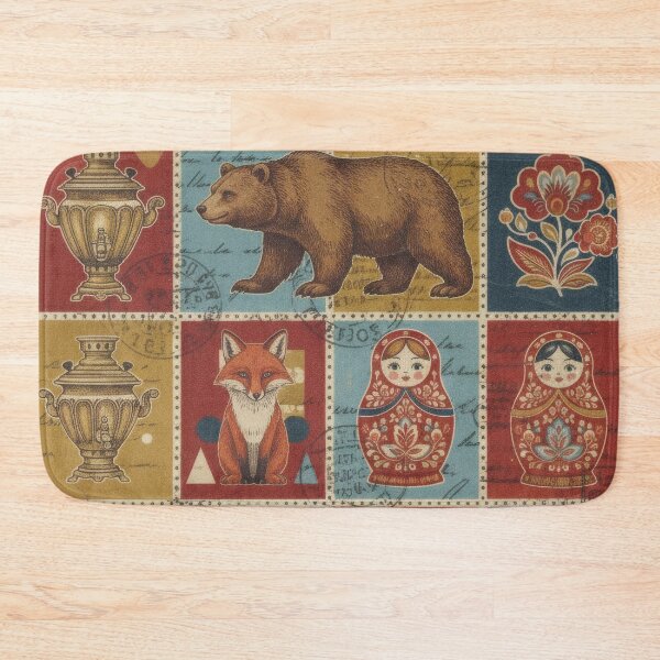 Item preview, Russian stamps with matryoshka bears, foxes and flowers designed and sold by CoffeeinBloom.