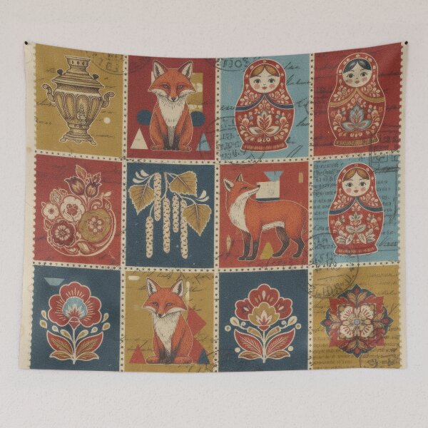 Item preview, Russian stamps with matryoshka bears, foxes and flowers designed and sold by CoffeeinBloom.