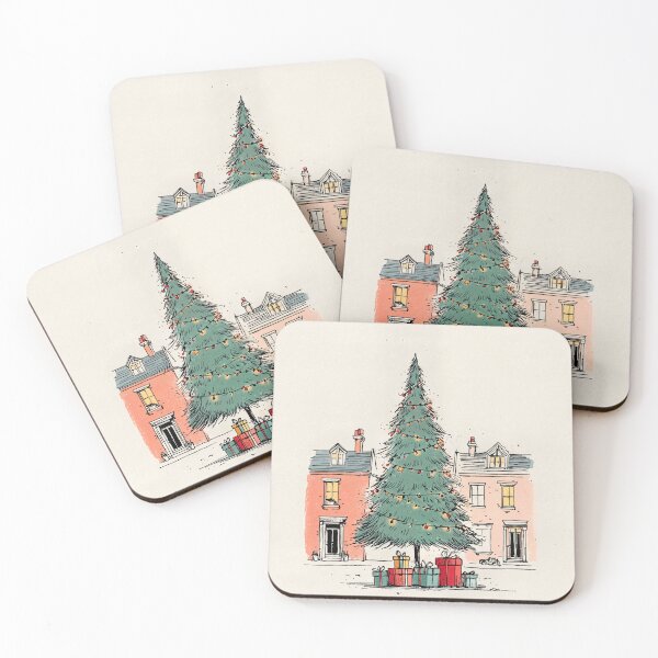 Item preview, A Large Christmas Tree with Twinkling Lights and Colorful Gifts Between Two Charming Houses designed and sold by OlfactoART Studio.