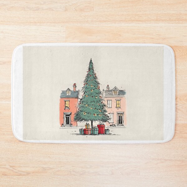 Item preview, A Large Christmas Tree with Twinkling Lights and Colorful Gifts Between Two Charming Houses designed and sold by OlfactoART Studio.