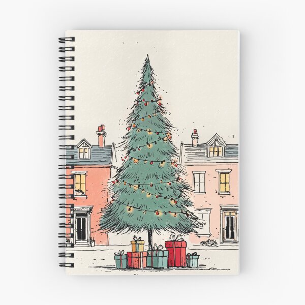 Item preview, A Large Christmas Tree with Twinkling Lights and Colorful Gifts Between Two Charming Houses designed and sold by OlfactoART Studio.