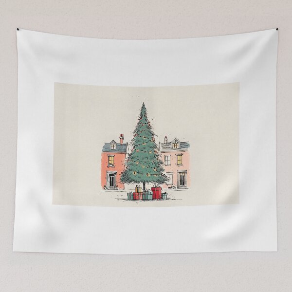 Item preview, A Large Christmas Tree with Twinkling Lights and Colorful Gifts Between Two Charming Houses designed and sold by OlfactoART Studio.