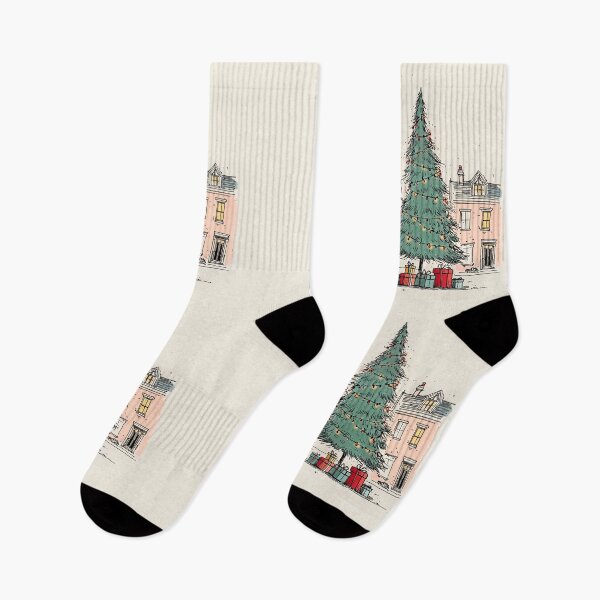 Item preview, A Large Christmas Tree with Twinkling Lights and Colorful Gifts Between Two Charming Houses designed and sold by OlfactoART Studio.
