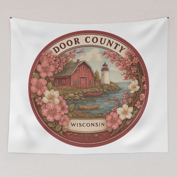 Item preview, Door County Wisconsin Cherry Blossoms Red Barn Lighthouse Rural Charm designed and sold by Blurbean.