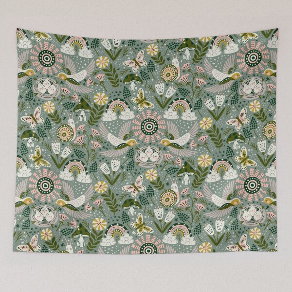 Item preview, Welcome to the Nest Whimsical Birds and Flowers in Green and Pink  designed and sold by EliveraDesigns.