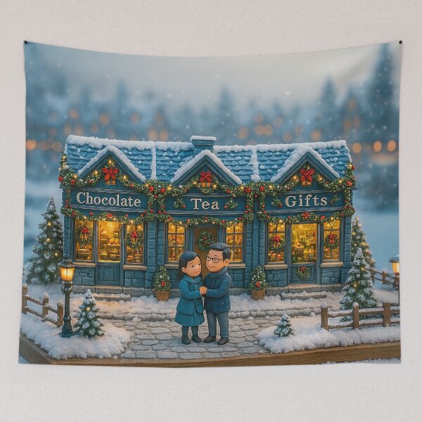Item preview, A Sweet Moment in the Christmas Village | Navy Christmas Miniature with Chocolate Tea Gifts Shopfront designed and sold by Little-Worlds.