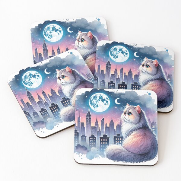 Item preview, Fluffy Persian Cat Under Moon Cityscape designed and sold by BigBlueArt.