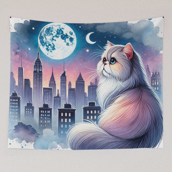 Item preview, Fluffy Persian Cat Under Moon Cityscape designed and sold by BigBlueArt.