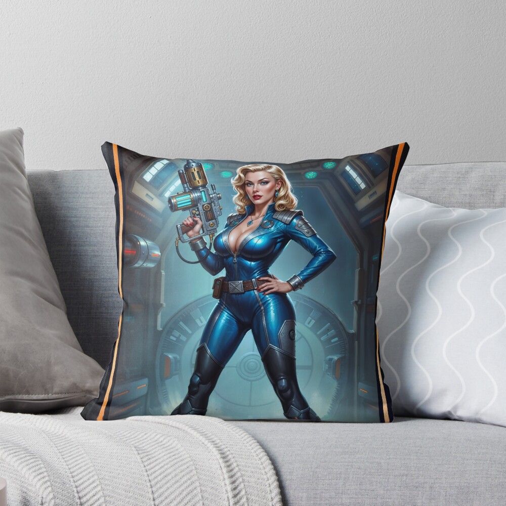 The Blue Sentinel Eqyra Dovani Wielding The Vyrax-7 AI Concept Art by Xzendor7 | A Blonde Beauty With Her Plasma Gun 4 The Blue Sentinel Eqyra Dovani Wielding The Vyrax-7 Stunning AI Concept Art by Xzendor7 Decorative Art Print Throw Pillow