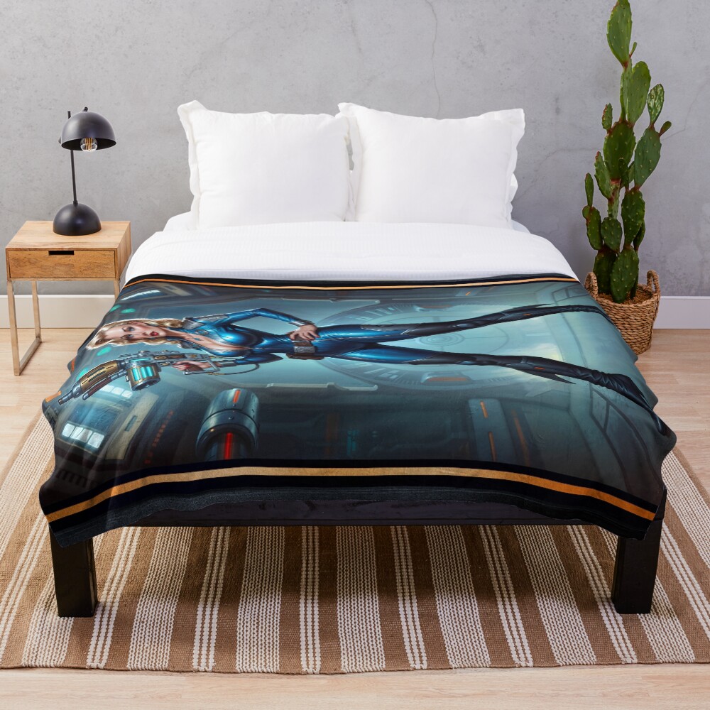 The Blue Sentinel Eqyra Dovani Wielding The Vyrax-7 AI Concept Art by Xzendor7 | A Blonde Beauty With Her Plasma Gun 3 The Blue Sentinel Eqyra Dovani Wielding The Vyrax-7 Stunning AI Concept Art by Xzendor7 Decorative Art Print Throw Blanket