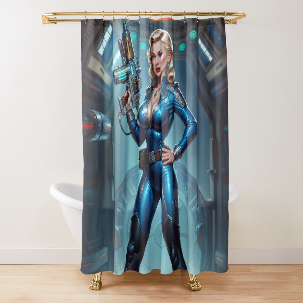 The Blue Sentinel Eqyra Dovani Wielding The Vyrax-7 AI Concept Art by Xzendor7 | A Blonde Beauty With Her Plasma Gun 2 The Blue Sentinel Eqyra Dovani Wielding The Vyrax-7 Stunning AI Concept Art by Xzendor7 Decorative Art Print Shower Curtain
