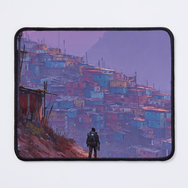 Item preview, Dystopian Favela Sunset Blimp | Colorful Mountainside Urban Sci-Fi designed and sold by MetroEnvision.