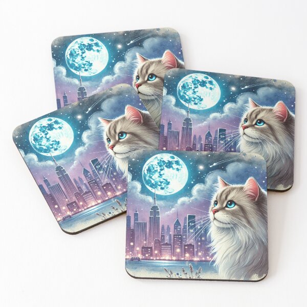 Item preview, Blue Eyed Longhair Siberian Cat Moon Cityscape designed and sold by BigBlueArt.