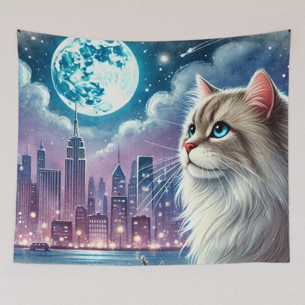 Item preview, Blue Eyed Longhair Siberian Cat Moon Cityscape designed and sold by BigBlueArt.