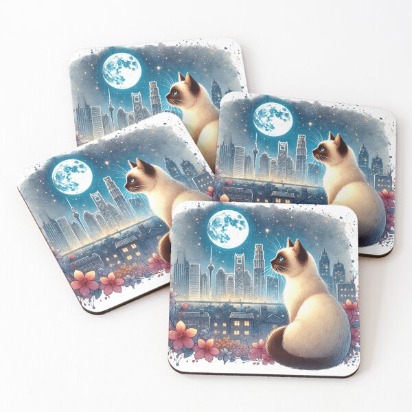 Item preview, Siamese Cat Looking At Moon Cityscape designed and sold by BigBlueArt.