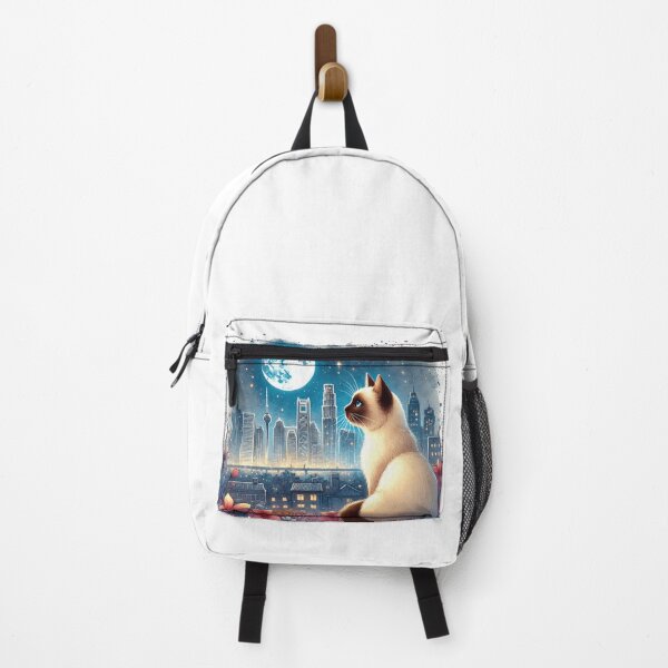 Item preview, Siamese Cat Looking At Moon Cityscape designed and sold by BigBlueArt.